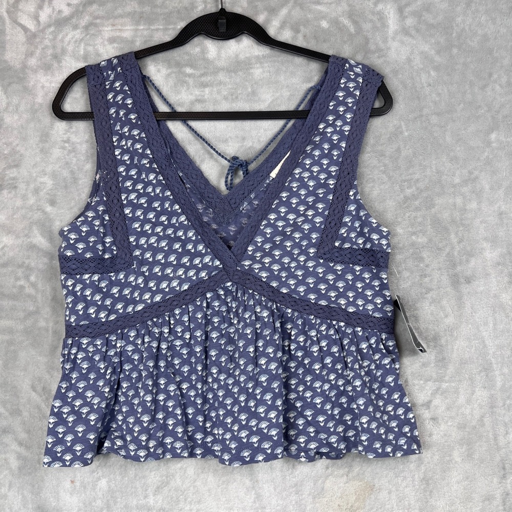 Lucky Brand Baby Doll Tank Top Blue Coquette Lace Trim V Neck Sleeveless Boho M - Picture 10 of 12